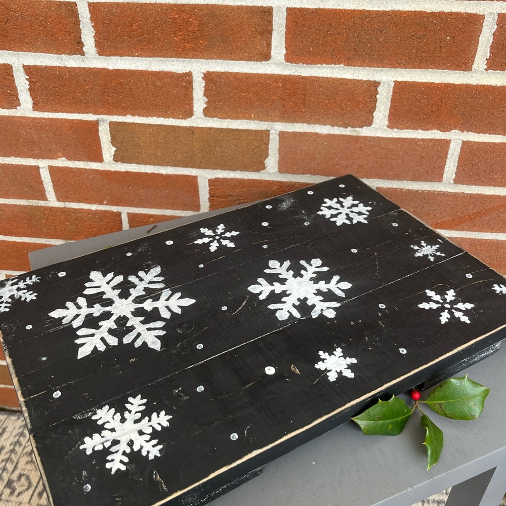 Wooden Snowflake Riser Black & White Distressed Rustic Display Stand Handmade